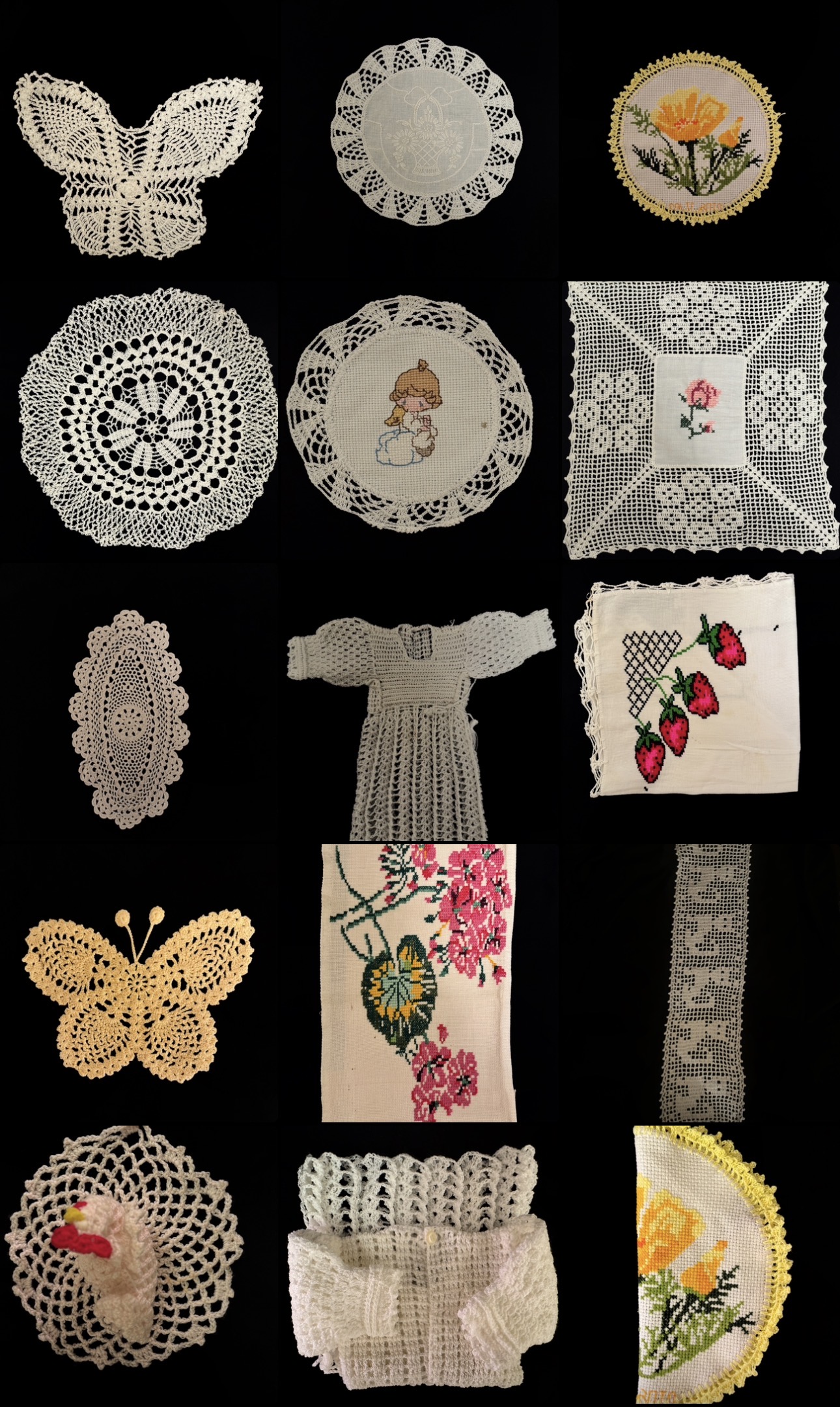 A grid collage of crocheted and cross-stitched pieces photographed on black